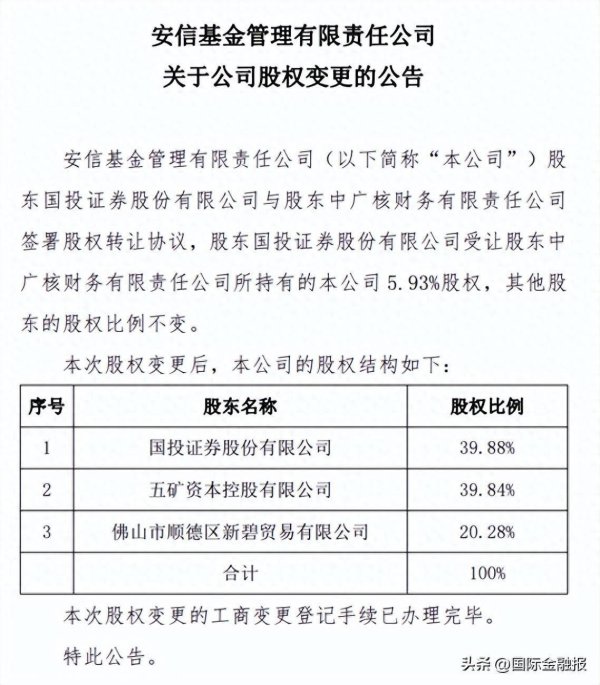 安信基金5.93%股权易主，国投证券正式“接盘”