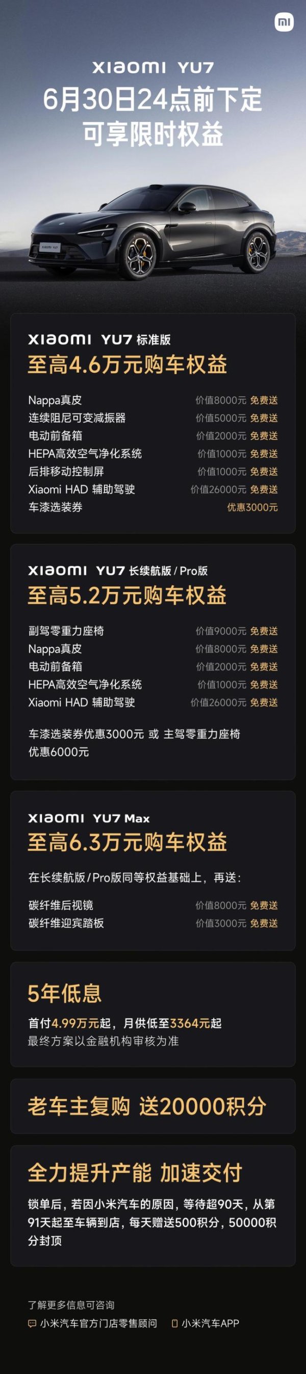 小米YU7车型6月购车权益公布 多重优惠来袭