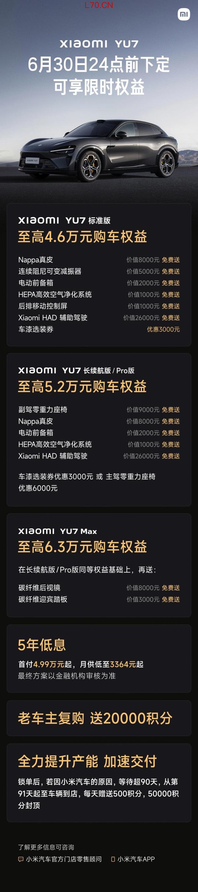 小米YU7车型6月购车权益公布